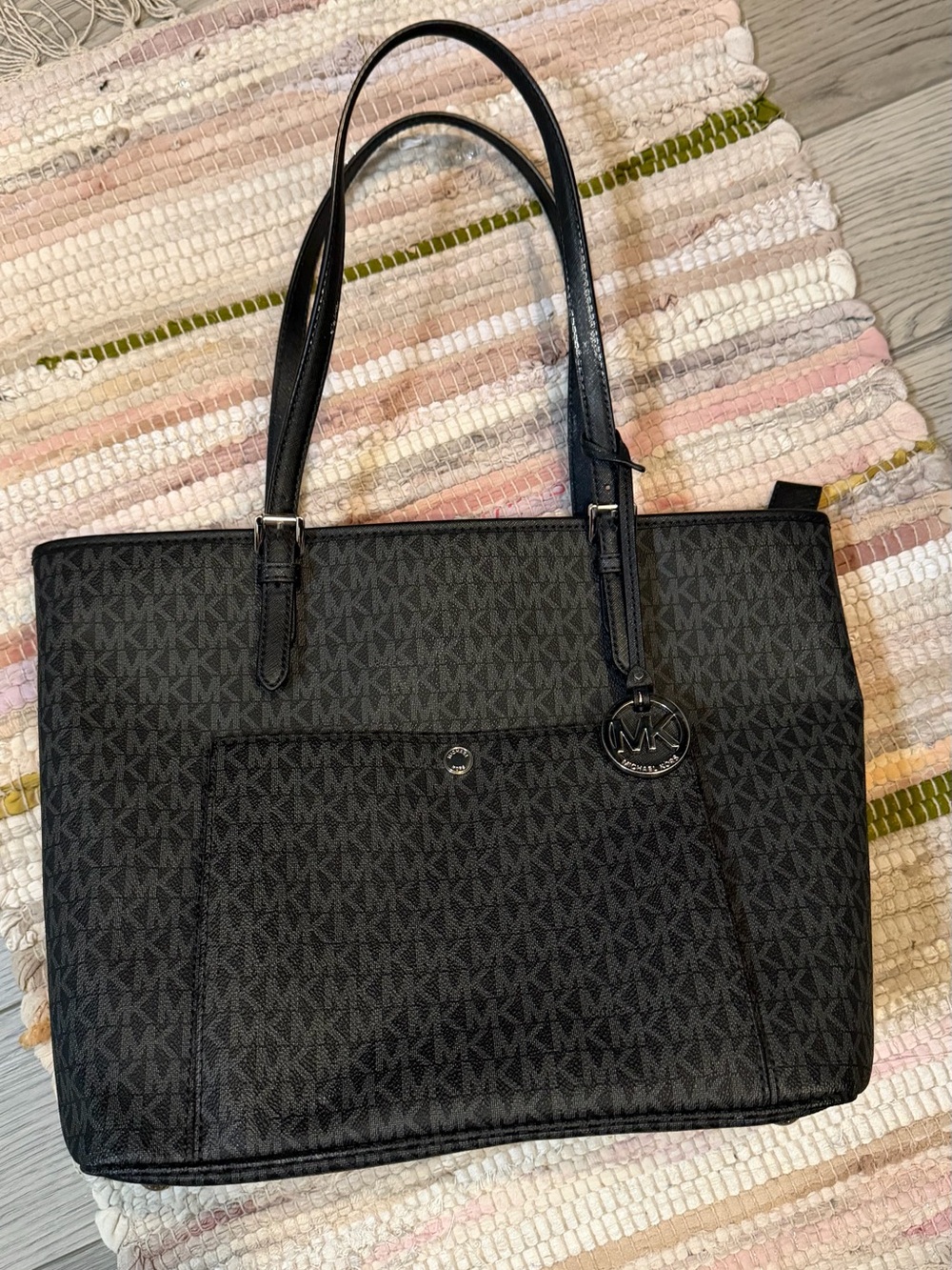 Michael Kors Black Logo-Print Tote with MK Charm - Picture 3 of 9